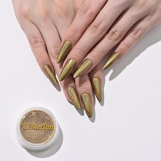 Chameleon Gold Magic Mirror Chrome Nail Powder, Big-Capacity 1.5g Metallic Dust Holographic Effect Powder Pigment Glitter Manicure Kit, Nail Art, Can Mixed with Builder Gel Nail Polish Use