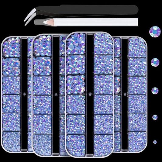 7000PCS Resin Rhinestones with Tweezers for Crafting, 2/3/4/5/6mm Flatback Jelly Rhinestones, 4 Box Sky Blue AB Non Hotfix Crystal Gems for DIY Crafts Mugs Tumblers Clothes Makeup Nail