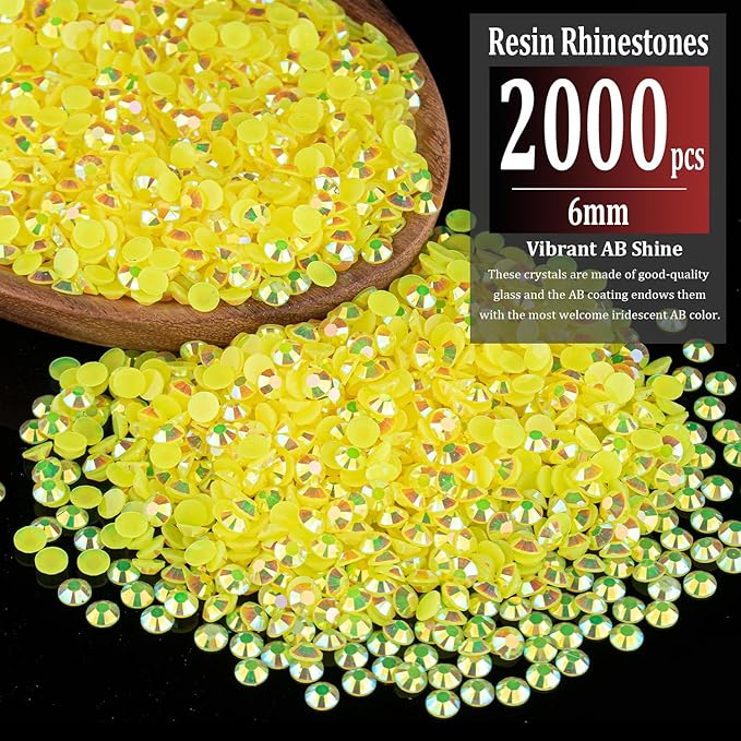 2000pcs 6mm Resin Rhinestones Bulk, Lemon Yellow AB Flatback Round Jelly Rhinestones Bedazzling Non Hotfix Crystal Gems Large Quantity Wholesale for DIY Crafts Clothes Tumblers Face Makeup Manicure