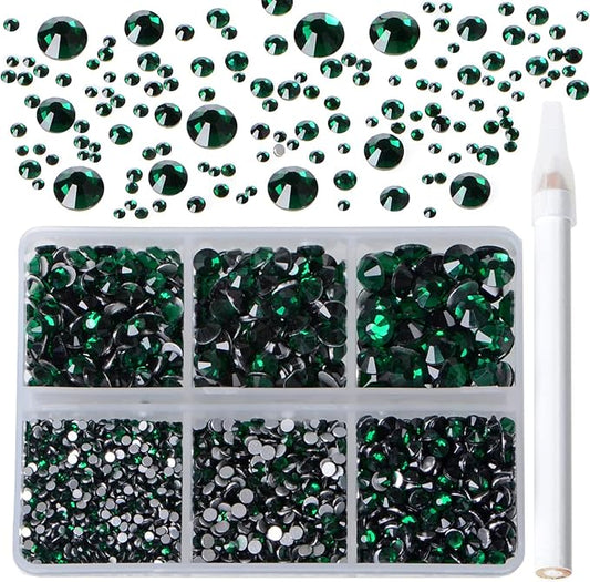 Bymitel 5000 Pieces 6 Mixed Sizes Glue Fix on Glass Rhinestones Round Crystal Gems Flatback for DIY Jewelry Making with one Picking Pen(6-Sizes 5000PCS, Emerald)
