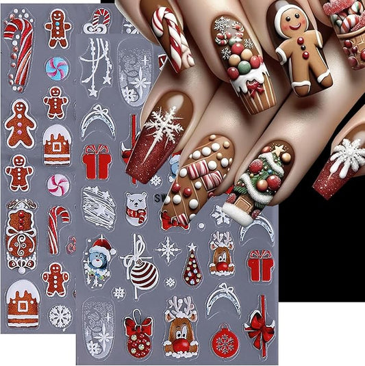 2Pcs Christmas Nail Stickers Snowflake Decals for Nail Art Red Bow Nail Design 5D Embossed Christmas Gift Nails Art Supplies Fawn Pine Tree Nails Accessories for Women DIY Manicure Art Decoration