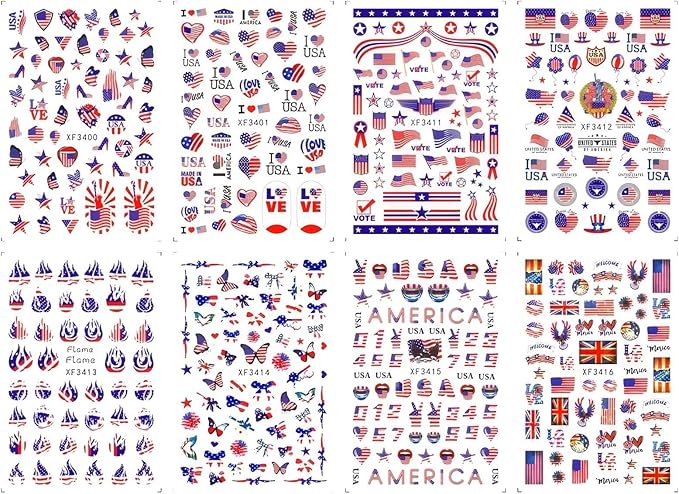 4th of July Nails Stickers for Nail Art - 8 Sheets 3D Self Adhesive Independence Day Nail Art Stickers American Flag Stars Letters USA Nail Decals Fourth of July Design Sticker for Women