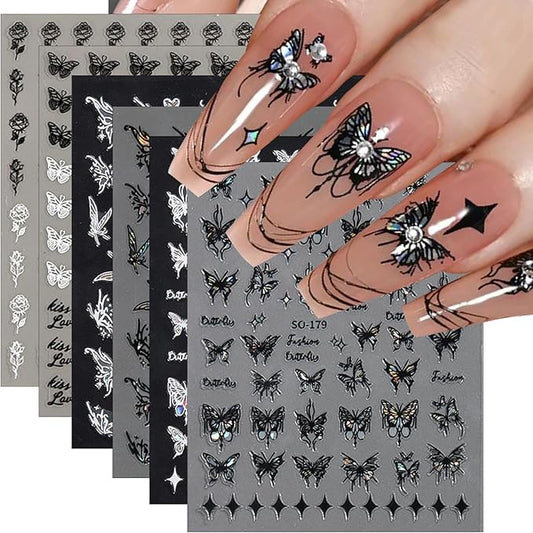 6 Sheets Butterfly Nail Art Stickers Decals 3D Self-Adhesive Holographic Aurora Black and White Butterfly Nail Design Stickers Women DIY Nail Art Decoration
