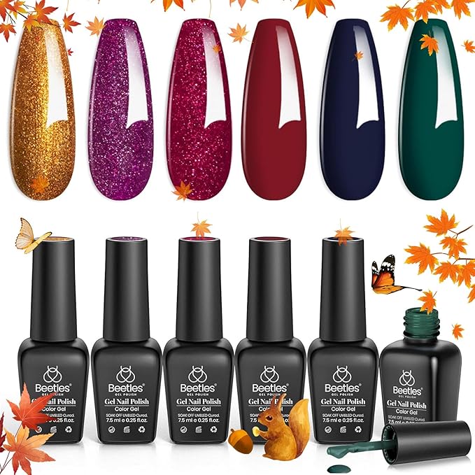 Beetles Christmas Gel Nail Polish, 6 Colors Winter Burgundy Red Glitter Gold Green Gel Polish, Soak Off Uv Nail Lamp Cured Holiday Nail Gel DIY Home Manicure Kit Gifts for Women