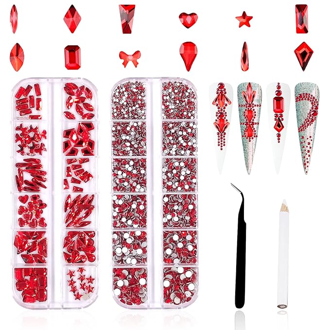 3120Pcs Crystal Red Nail Rhinestones,HOINCO Rhinestones for Nails,Nail Gems and Rhinestones Gems Multi Shapes Nail Charms for Nails Nail Crystal Beads Jewel for DIY Nail Art with Tweezers and Pen