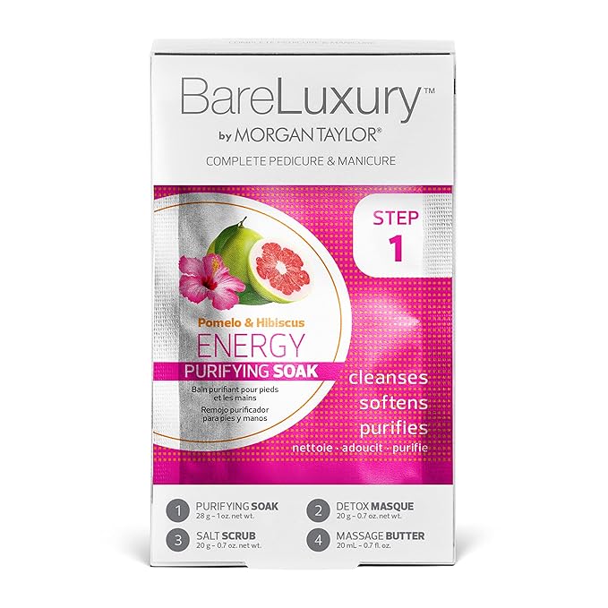 Morgan Taylor BareLuxury 4-Step Complete Pedicure & Manicure Packs - Complete Nail Care Kit with Soak, Masque, Scrub & Massage Butter, Professional Spa-Quality Treatments (Energy Pomelo & Hibiscus)
