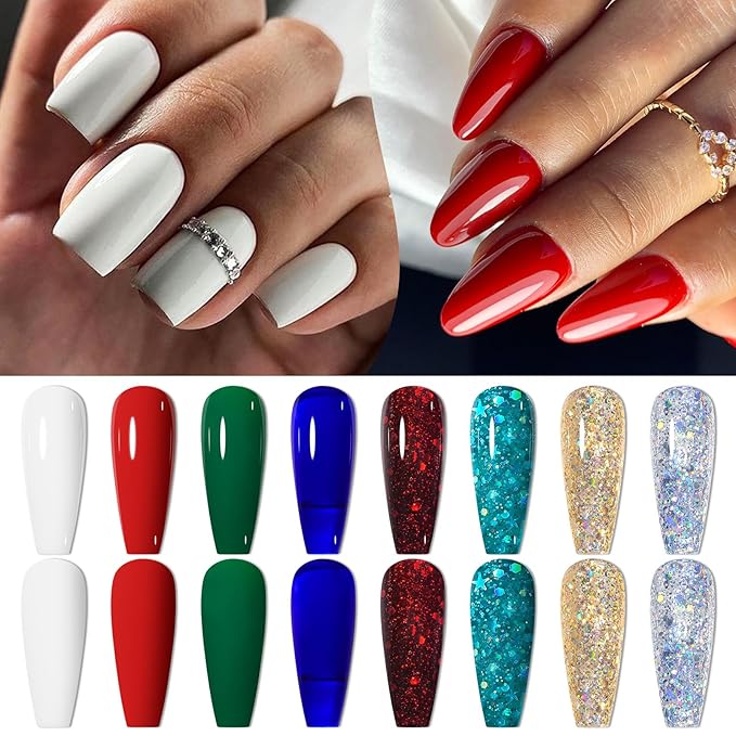 MEET ACROSS Christmas Gel Nail Polish Set, 8 Colors Red Sparkle Green Glitter Gold Silver Winter Gel Polish Dark Green Dark Red Gel Polish Kit Soak Off Nail Lamp Uv LED Nail Art Design for Women