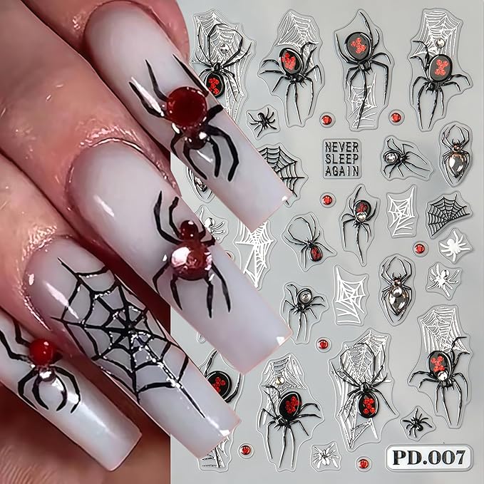 Spider Nail Art Stickers 3D Self-Adhesive Black White Red Silver Spiders Spider Web Star Nail Design Decals Halloween Nail Stickers DIY Holiday Manicure Decoration for Salon Acrylic Manicure 6 Sheets