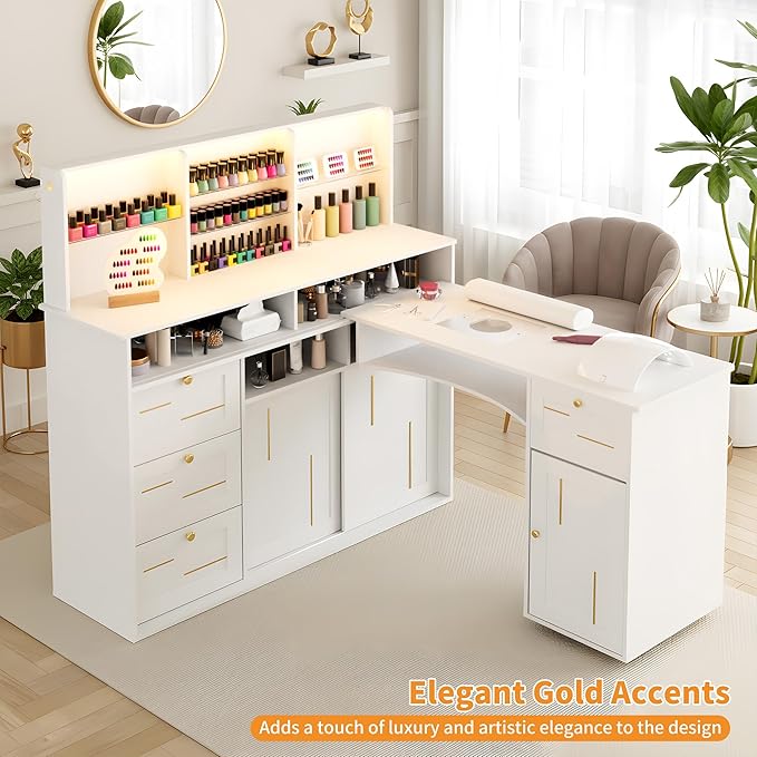 Manicure Table with Dust Collector, L-Shaped Nail Desk with Mobile Desktop, LED Light, Glass Display Rack, Storage Cabinets and Drawers for Home Spa Beauty Salon Nail Station, White