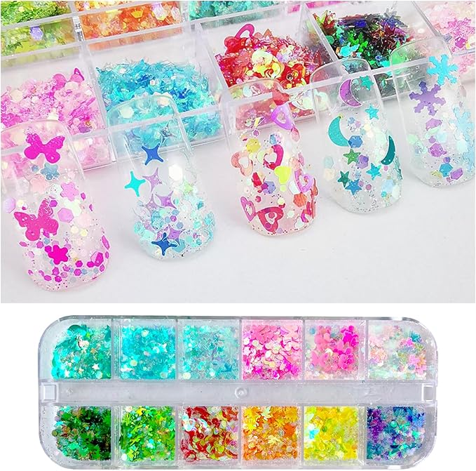 AddFavor 4 Boxes Nail Glitter Holographic Maple Chunky Glitter Flakes Mixed Shaped Flower Heart Star Iridescent Nail Sequins Decals for Fall Nail Art/False Eyelash Decor Supplies
