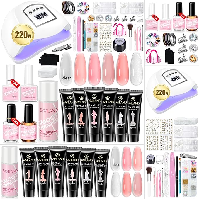 Saviland All-in-1 Poly Gel Nail Kit：6 PCS Nail Extension Kit with 220W U V Light Slip Solution Base & Top Gel Dual Forms U V Gloves for Home Salon