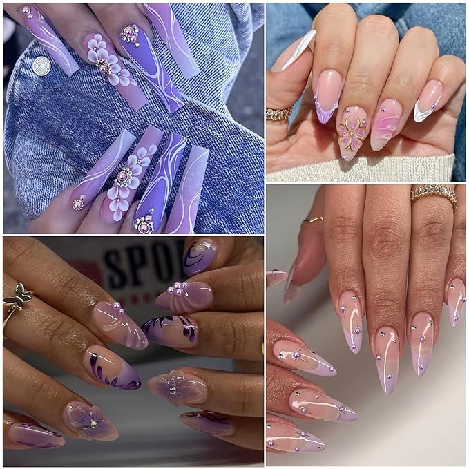 Nail Art Pearls with Rhinestones Glue Gel Flatback Pearls Nail Charms Luxurious Nails Supplies Accessories Gold Silver Gems Jewelry Pearl for Women Nails Design(Purple)