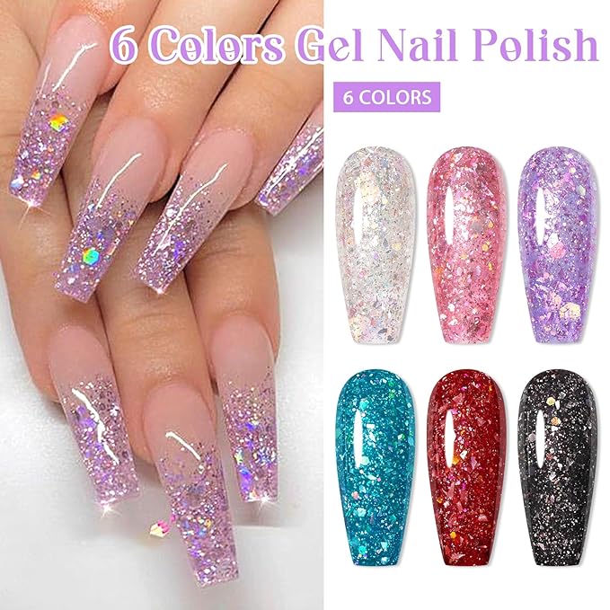 MEET ACROSS Gel Nail Polish Set 6 Pcs Glitter Colors Gel Nail Kit Art Design Soak Off UV LED (SET-3, 6pcs)