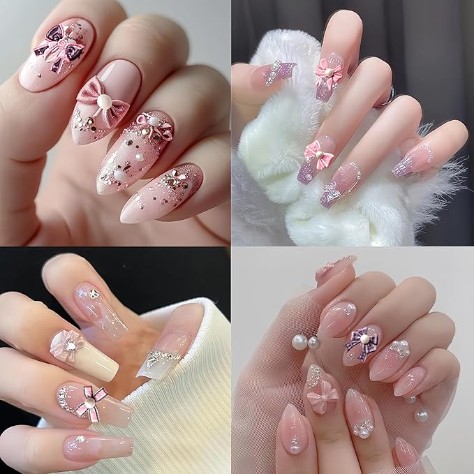 Pink Bow Knot Nail Art Stickers 5D Self-Adhesive Embossed Cute Bow Nail Decals Rhinestones Bow-Knot Elegant Pearl Design Nail Stickers for Women DIY Manicure Decorations