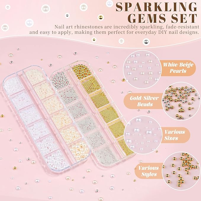 2 Boxes Sparkling Nail Pearls/Beads Kit, 1.5-5mm Beige & White Flatback Pearls and 0.8-3mm Silver & Gold Nail Caviar Beads for Women DIY Manicure Crafts (10-S2-Pearls)