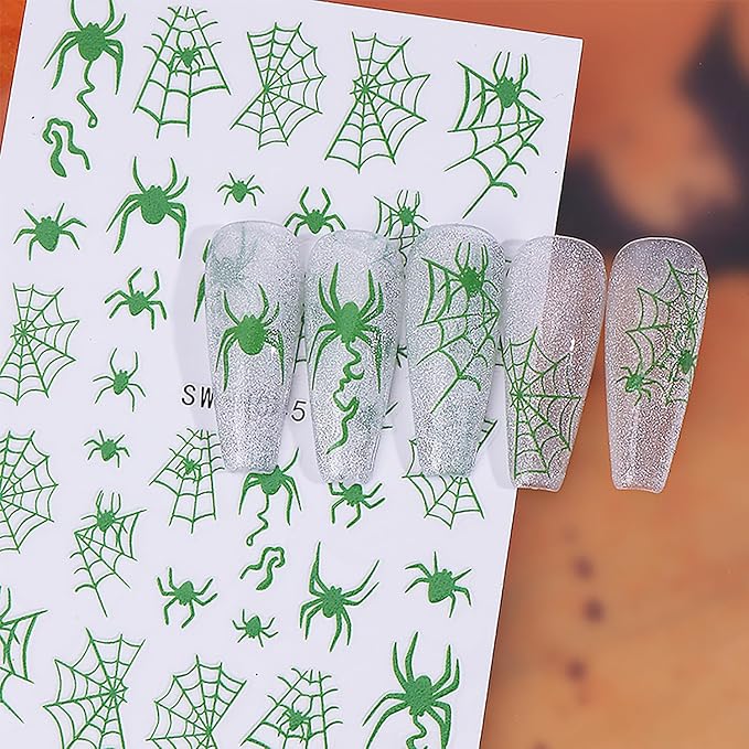 Halloween Nail Stickers,Skull and Spider Webs Design 3D Self-Adhesive Nail Decals Glow in The Dark Halloween Nail Art Decorations DIY Manicure Supplies for Women Girls 2 Sheet
