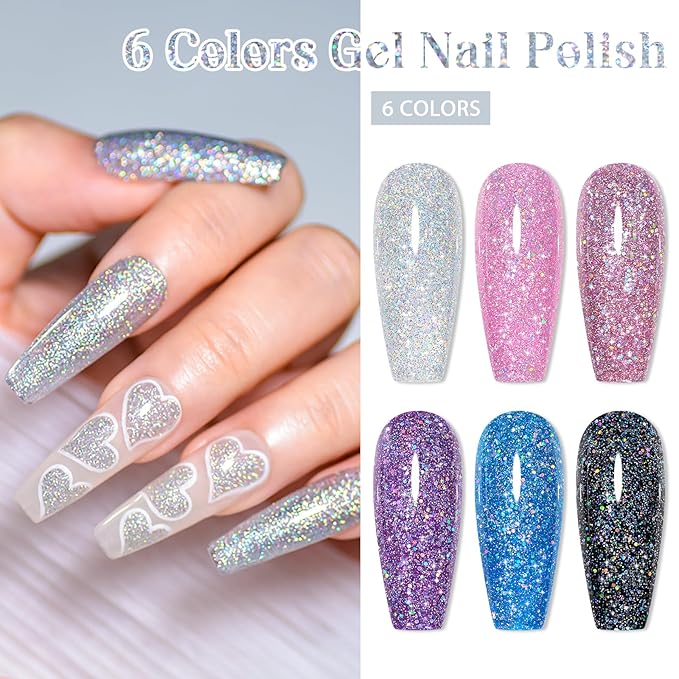 MEET ACROSS Gel Nail Polish Set 6 Pcs Glitter Colors Gel Nail Kit Art Design Soak Off UV LED (SET-5, 6pcs)