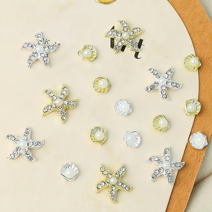 24Pcs Gold Silver 3D Mixed Color Starfish Nail Charms Alloy Summer Beach Nail Art Rhinestones Pearl Metallic Shell Nail Jewelry Ocean Theme Starfish Sea Series Nail Supplies Manicure Gems for Women