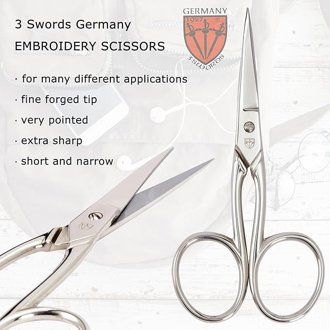 3 Swords Germany - Embroidery Scissors, Shears for Art Work, Daily Use in Household, Sewing, Art Work, Craft with black Synthetic Leather case