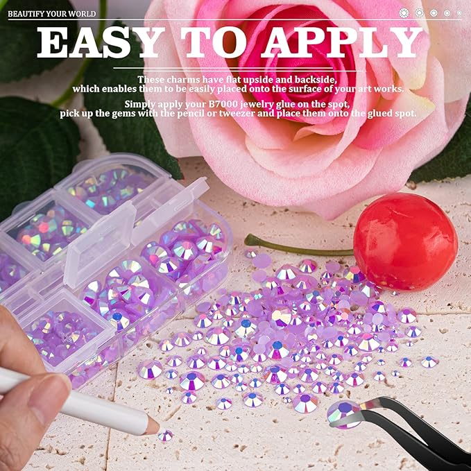5000PCS Resin Rhinestones with Tweezers for Crafting, 2/3/4/5/6mm Flatback Jelly Rhinestones, 3 Box Lavender Purple AB Non Hotfix Crystal Gems for DIY Crafts Mugs Tumblers Clothes Makeup Nail