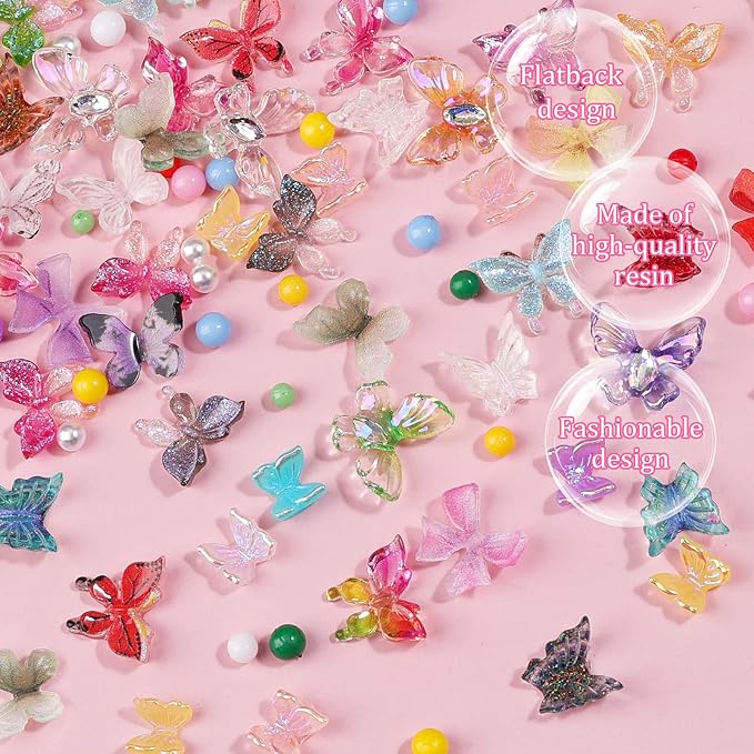 300Pcs Assorted Butterfly Nail Charms Kit, 100Pcs 3D Nail Butterfly Charms and 100Pcs Pearls with 100Pcs Macaron Beads, Colorful Butterflies Tiny Gems Round Beads for Women Manicure Craft DIY