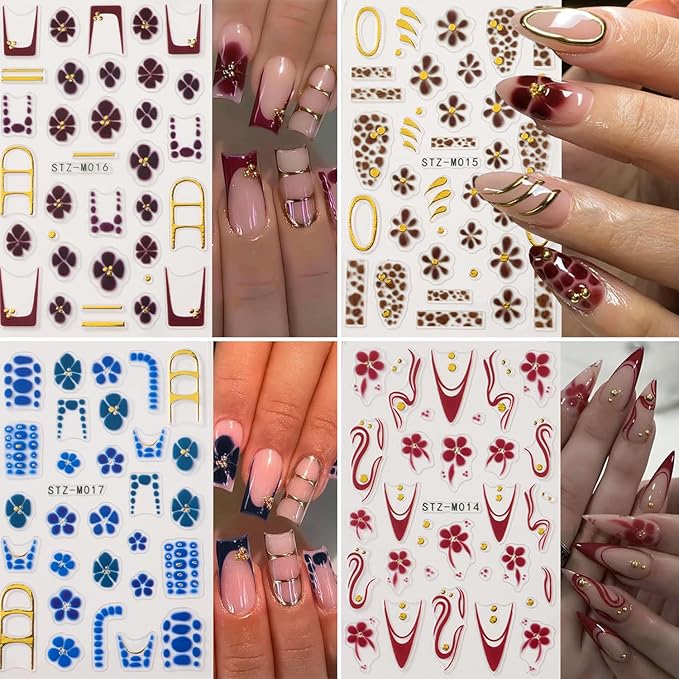 4Pcs Flower Nail Stickers for Nail Art - French Nail Art Stickers Autumn Winter Wine Red Brown Blue Floral Leopard Print Pattern 3D Self-Adhesive Nails Sliders Flowers Sticker for Nails Decoration
