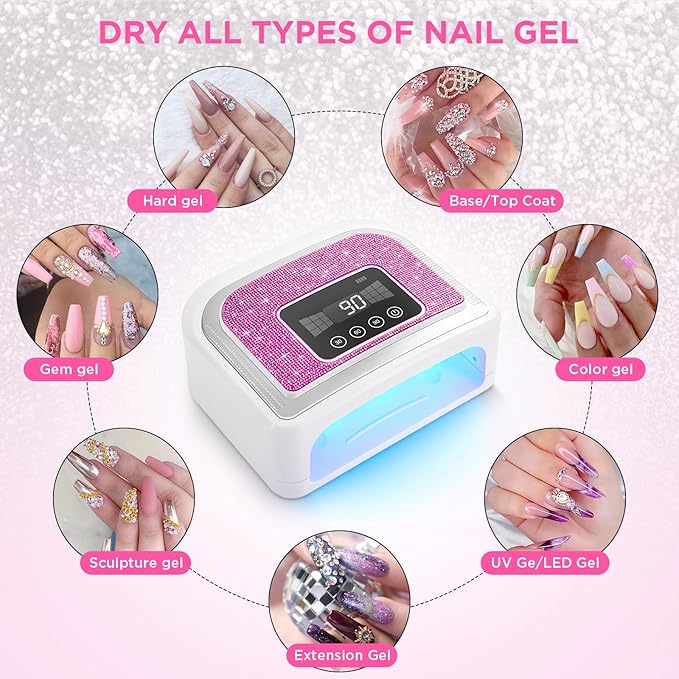 Aedavey Cordless Nail Lamp, Rechargeable UV Nail Lamp for Gel Nails, LED Nail Lamp with 4 Timer Modes, Gel Nail Light Decorate with Sparkling Nail Rhinestones Diamond (Sparkly Rose Red Diamond)
