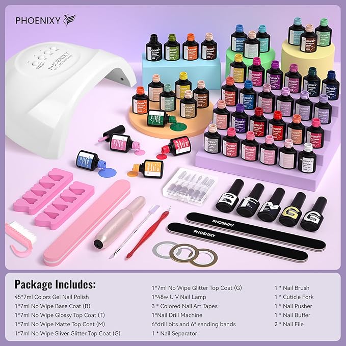 phoenixy 63 Pcs Gel Nail Polish Kit with U V light and Drill, 45 Colors Gel Polish with 5 Pcs Base Top Coat Manicure Starter Nail Polish Set Gifts for Women ST9017