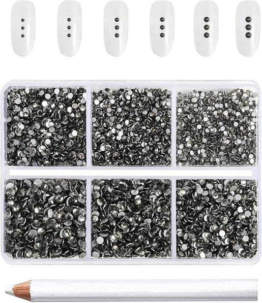 Beadsland 7200pcs Flatback Rhinestones,Gray Rhinestone Nail Gems Round Crystal Rhinestones for Crafts,Mixed 6 Sizes with Wax Pencil Kit, SS3-SS10,Black Diamond