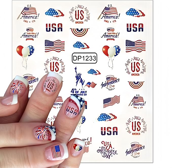 5 Sheets July 4th Nail Art Stickers 3D Self Adhesive American Flag I Love America Nail Decals Memorial Day for Women Nail Art Decoration