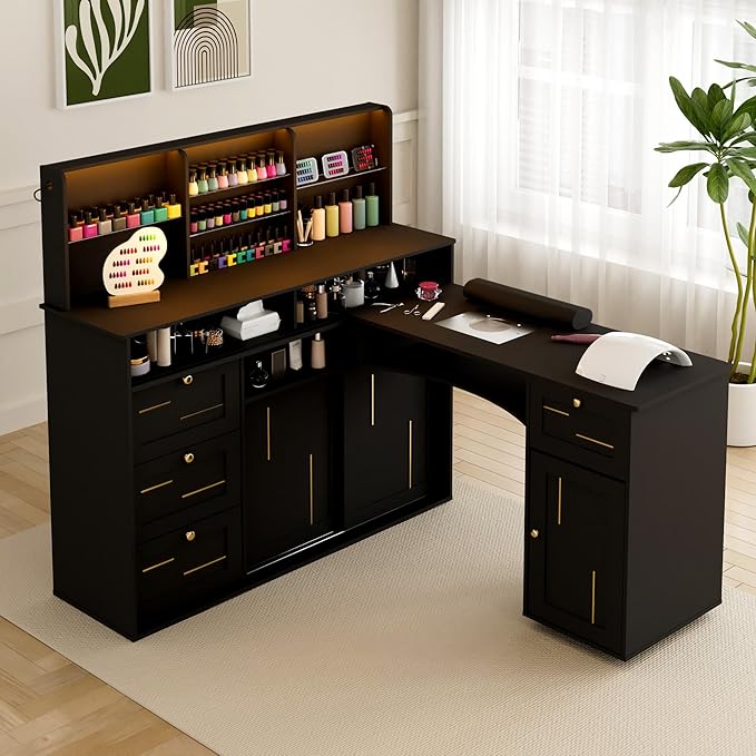 Manicure Table with Dust Collector, L-Shaped Nail Desk with Mobile Desktop, LED Light, Glass Display Rack, Storage Cabinets and Drawers for Home Spa Beauty Salon Nail Station, Black