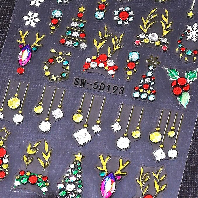 Christmas Nail Art Stickers 5D Embossed Nail Decals with Xmas Tree Light Antler Bow Rhinestones Design Glitter Nail Stickers Acrylic Nail Supplies for Women DIY Christmas Decorations 2 Sheets
