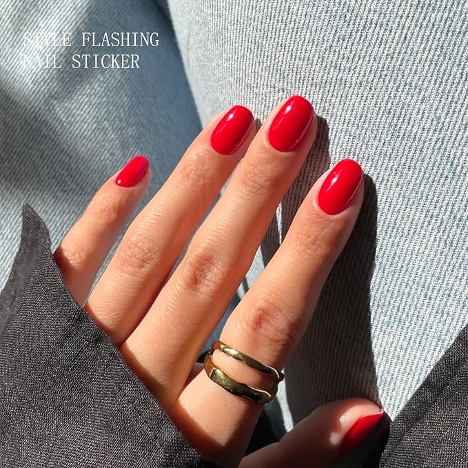 JMEOWIO Semi Cured Gel Nail Strips Bright Red Gel Nail Stickers Nails Art Design Decoration Accessories
