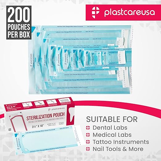 Self Sealing Sterilization 1000 Pouches 3.5" x 10" - Latex-Free, Color Changing Indicator (5 Boxes of 200) by PlastCare USA