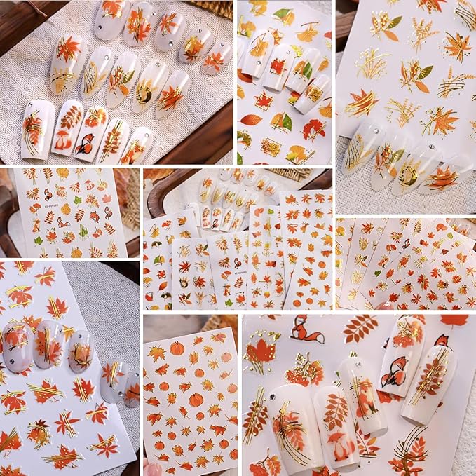 6 Sheets Fall Maple Leaf Nail Art Stickers 3D Self-Adhesive Glitter Gold Gilding Line Nail Design Stickers Cute Fox Pumpkin Nail Decals Thanksgiving Nail Art Decorations for Women Acrylic Manicure DIY
