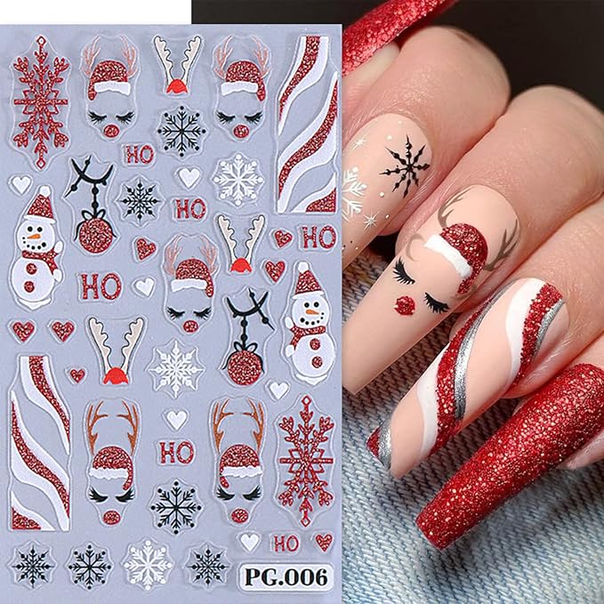 5Pcs Christmas Nail Art Stickers Decals Embossed Self-Adhesive Snowmen Nail Sticker Colorful Firework Snowflake Xmas Tree Elk Nail Decals Nail Supplies for Women DIY New Year Xmas Holiday Nail Decor
