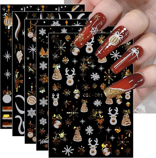 JMEOWIO 8 Sheets Christmas White Glitter Gold Nail Art Stickers Decals Self-Adhesive Snowflake Winter Holiday Nail Supplies Nail Art Design Decoration Accessories