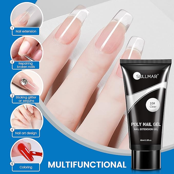 Poly Nail Gel, 60ml/2fl.oz Clear Poly Extension Gel Builder Nail Gel Trendy Nail Art Design Salon Nail Long-Lasting and Easy DIY at Home Need Nail Lamp