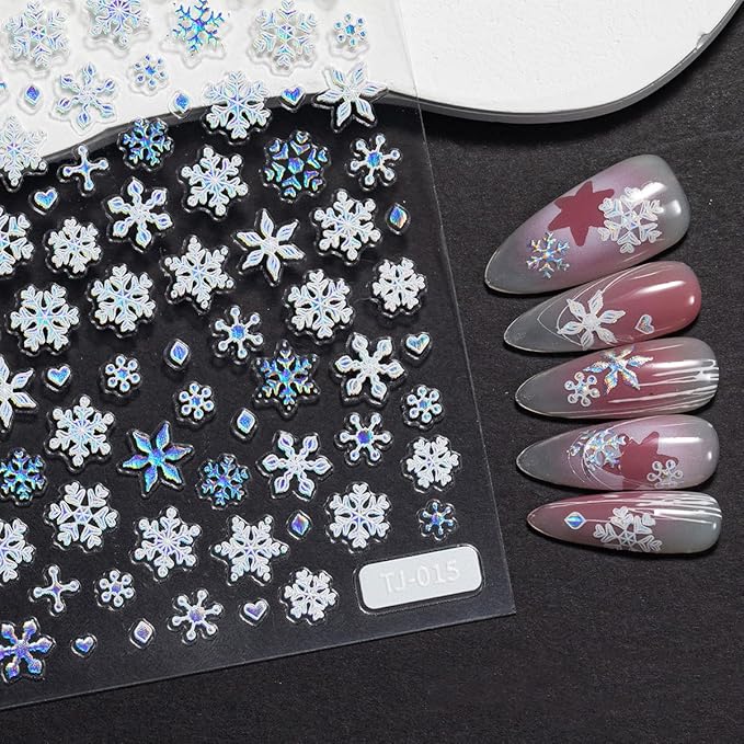 Snowflake Nail Stickers 5D Embossed Laser Christmas Snow Nail Art Stickers Self-Adhesive Pegatinas Uñas Xmas Snow Designs Holiday Winter Nail Decals Nail Art Supplies for Women Girls Acrylic Nails