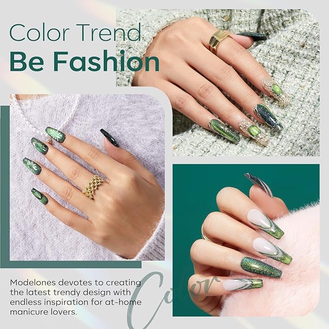 modelones Cat Eye Gel Nail Polish,15 ML Green Gel Nail Polish Sparkle Reflective Shimmer Glitter Green Polish 9D with Magnet Soak Off LED Spring Top Coat Nail Art DIY Salon