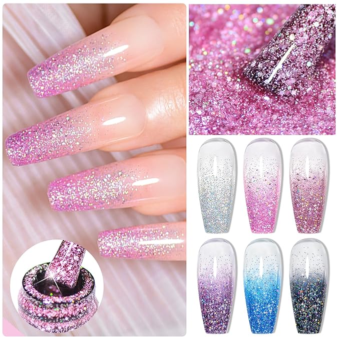 MEET ACROSS Gel Nail Polish Set 6 Pcs Glitter Colors Gel Nail Kit Art Design Soak Off UV LED (SET-5, 6pcs)
