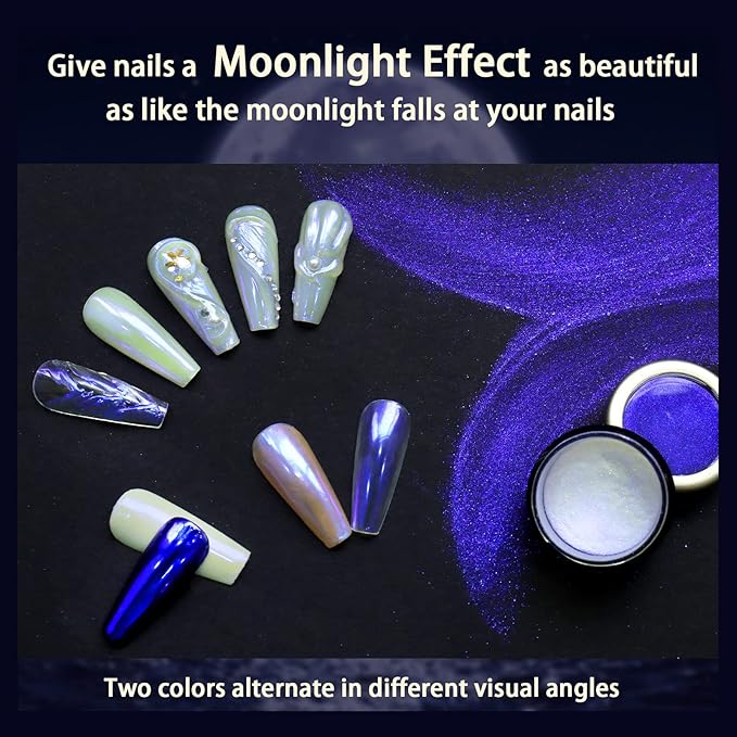 Allstarry Unicorn Chrome Nail Powder, Aurora Mermaid Iridescent White Pearl Nail Chrome Powder Pigment Glitter Fairy Dust for Nail Art, Manicure, Gel Nail Polish - Blue Moon