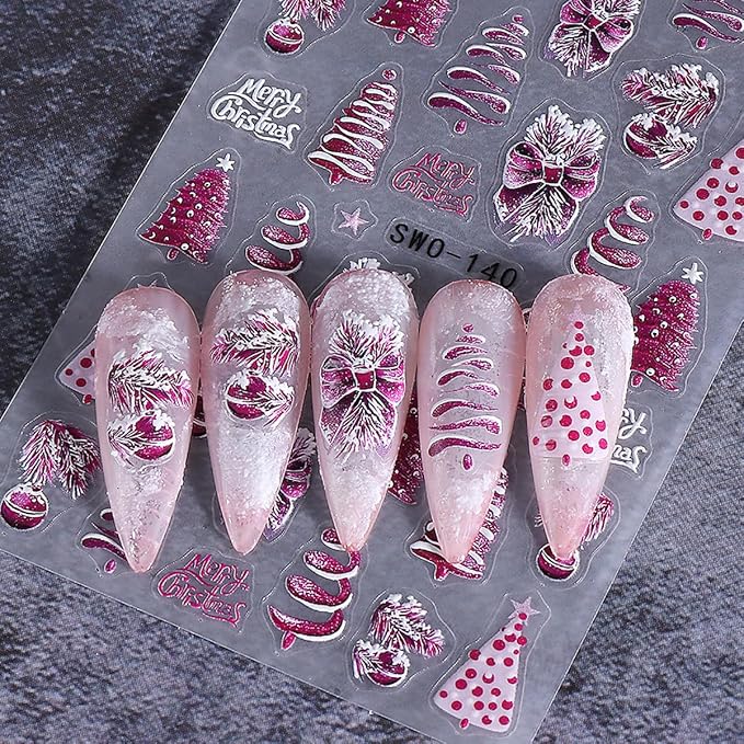 5D Embossed Christmas Nail Stickers for Nail Art - Pink Purple Nail Art Stickers Christmas Tree Bow Light Ball Nail Decals Snowflake Nail Supplies for Women DIY Christmas Decorations 3 Sheets