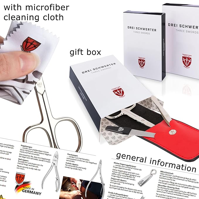 3 Swords Germany - brand quality 3 piece manicure pedicure grooming kit set for professional finger & toe nail care scissors file genuine leather case in gift box, Made in Solingen Germany