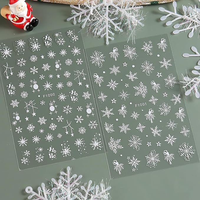 8 Sheets Christmas Snowflake Nail Art Stickers - Gold & White Snowflakes 3D Self-Adhesive Winter Holiday Nail Decals for Women & Girls