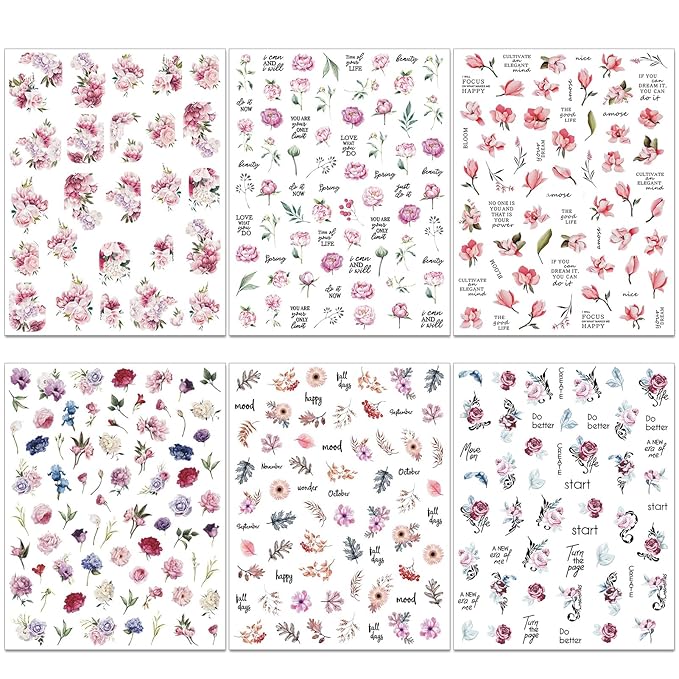 Peony Flower Nail Art Stickers - Pink Floral Leaf Self-Adhesive 3D Nail Decals for DIY Spring Summer Manicure (6 Sheets)