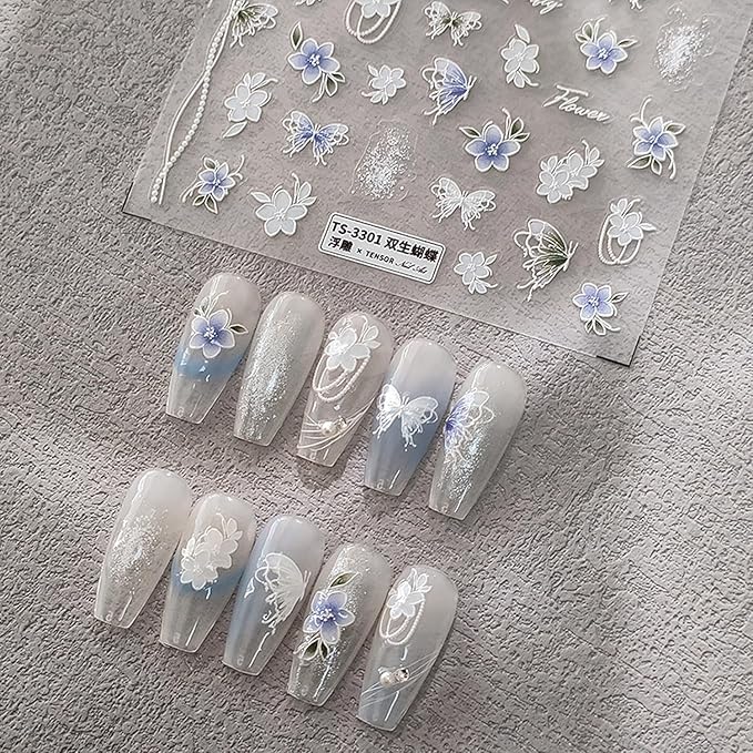 Flower Nail Stickers 5D Embossed Nail Art Stickers Decals Self-Adhesive Butterfly Floral Nail Supplies Spring Nail Art Design Decoration Accessories(1, Flower Butterfly)
