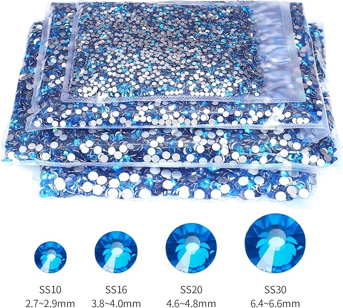 10000PCS Capri Blue Rhinestones Bulk, Flat Back Crystal Glass Stone Round Gems,SS10, 2.7-2.9mm