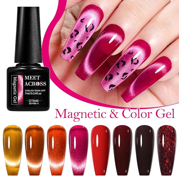MEET ACROSS 8pcs Gel Nail Polish Set, Soak off UV LED Lamp Gel Nail Polish Cat Eye Set Home Gel Manicure Kit 7ml (Cat Eye + color Gel-1)