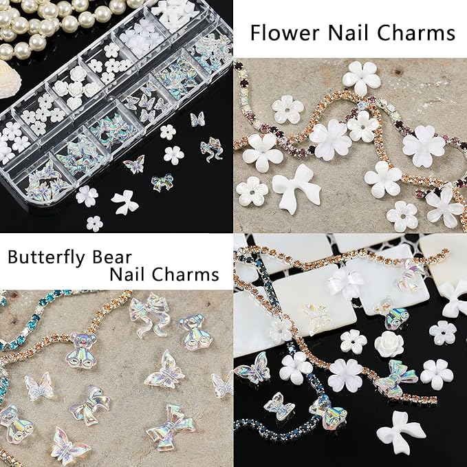 3D Acrylic Butterfly Flowers Bear Nail Charms Art 3D, AB Crystal Rhinestones Multi Shapes Pearl Gold Metal Art, Decal Jewelry Accessories DIY Crafting, 2 Piece Set